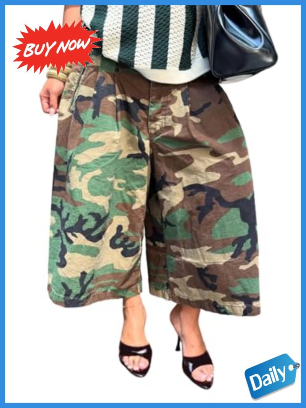 High Waist Wide Leg Camo Cargo Jeans Baggy Harem Capri Pants